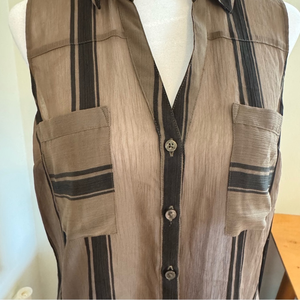 Express Dark Army Green and Black Striped Portofino Sleeveless Shirt - Picture 3 of 6